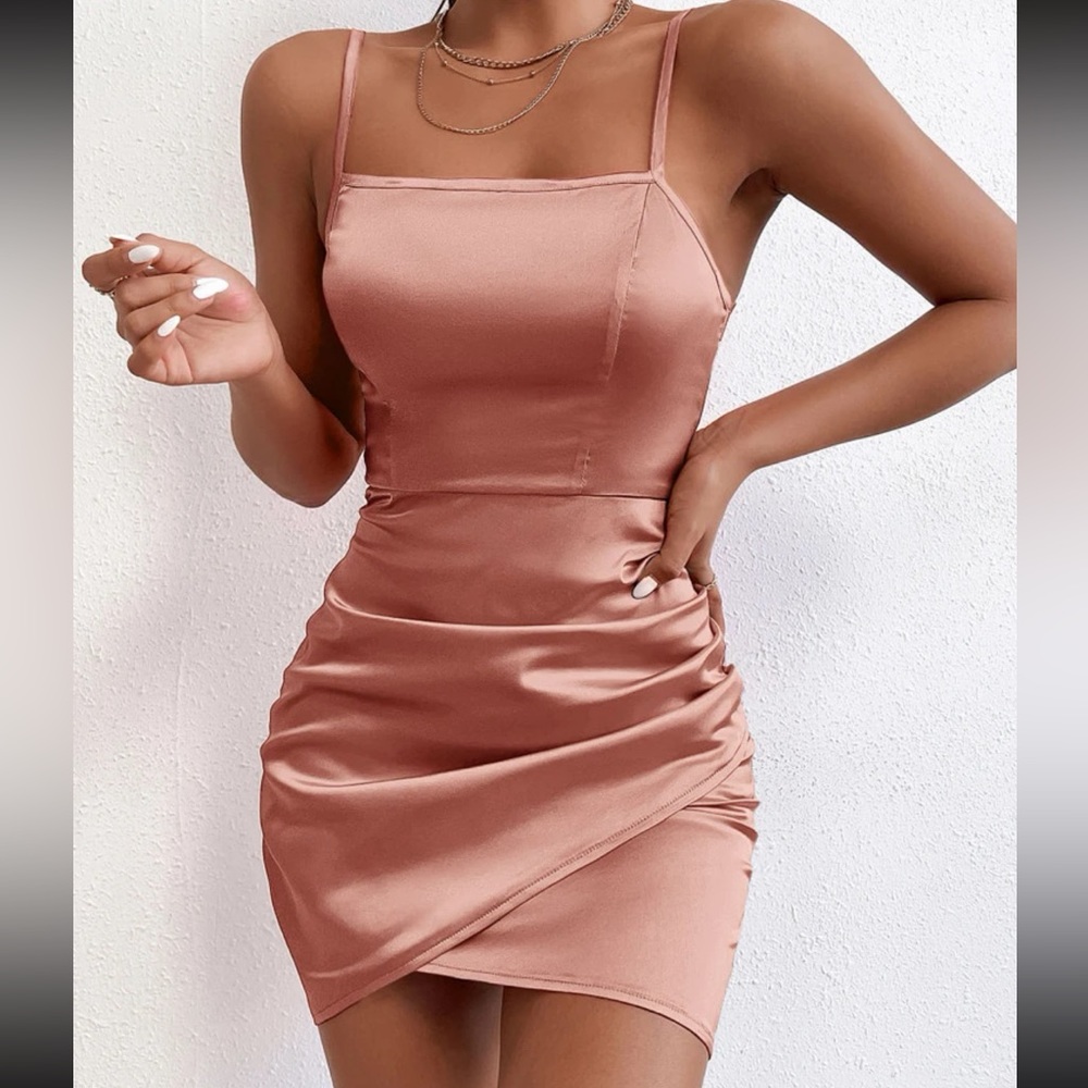 SHEIN Ruched Side Tulip Hem Satin Bodycon Dress